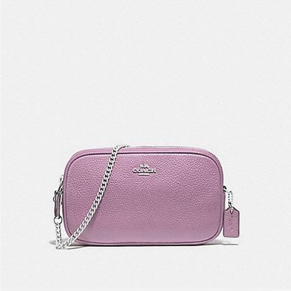 Coach F72490 Pebbled Pink Leather Double Zip Chain Crossbody Pouch